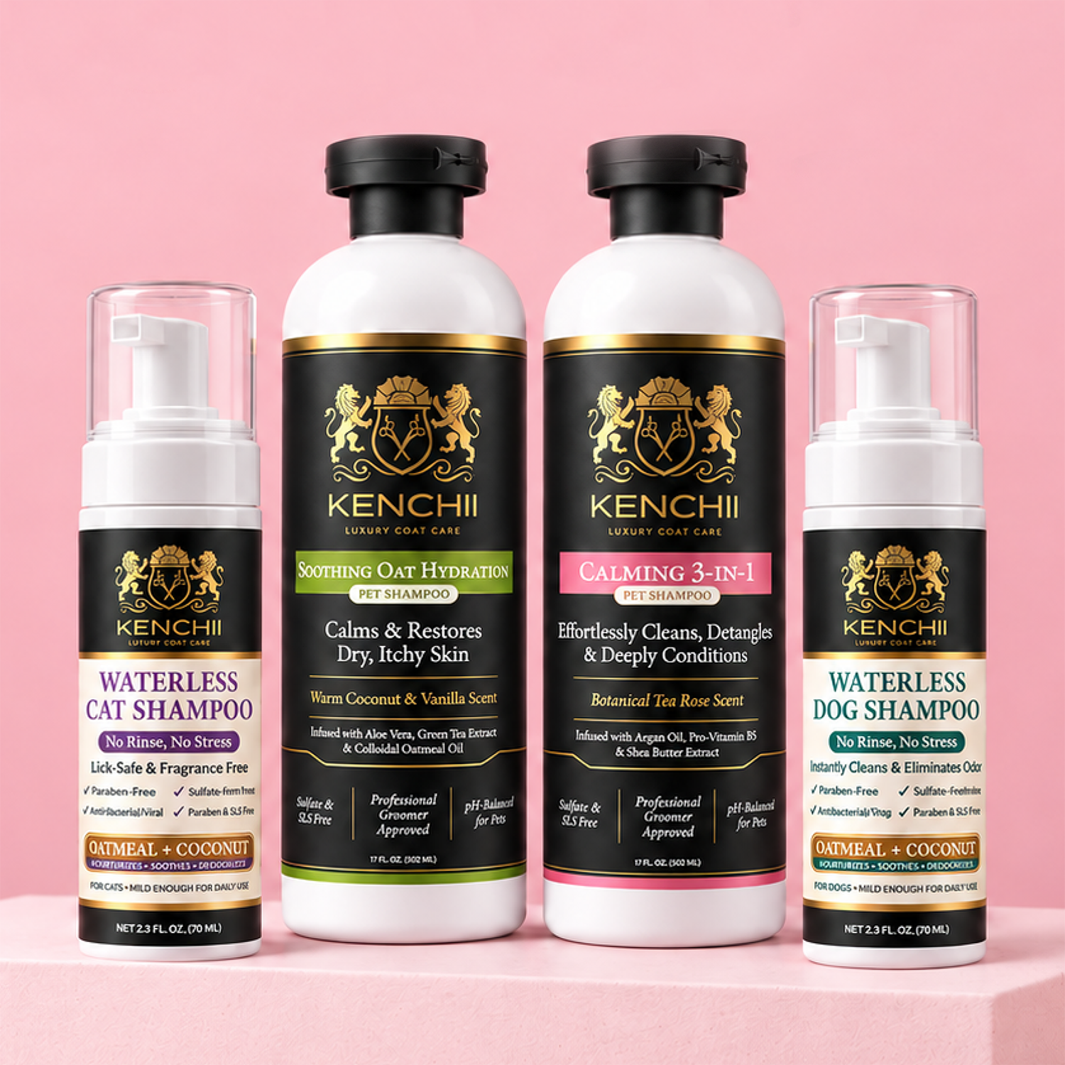 The Kenchii Luxury Coat Care shampoo lineup