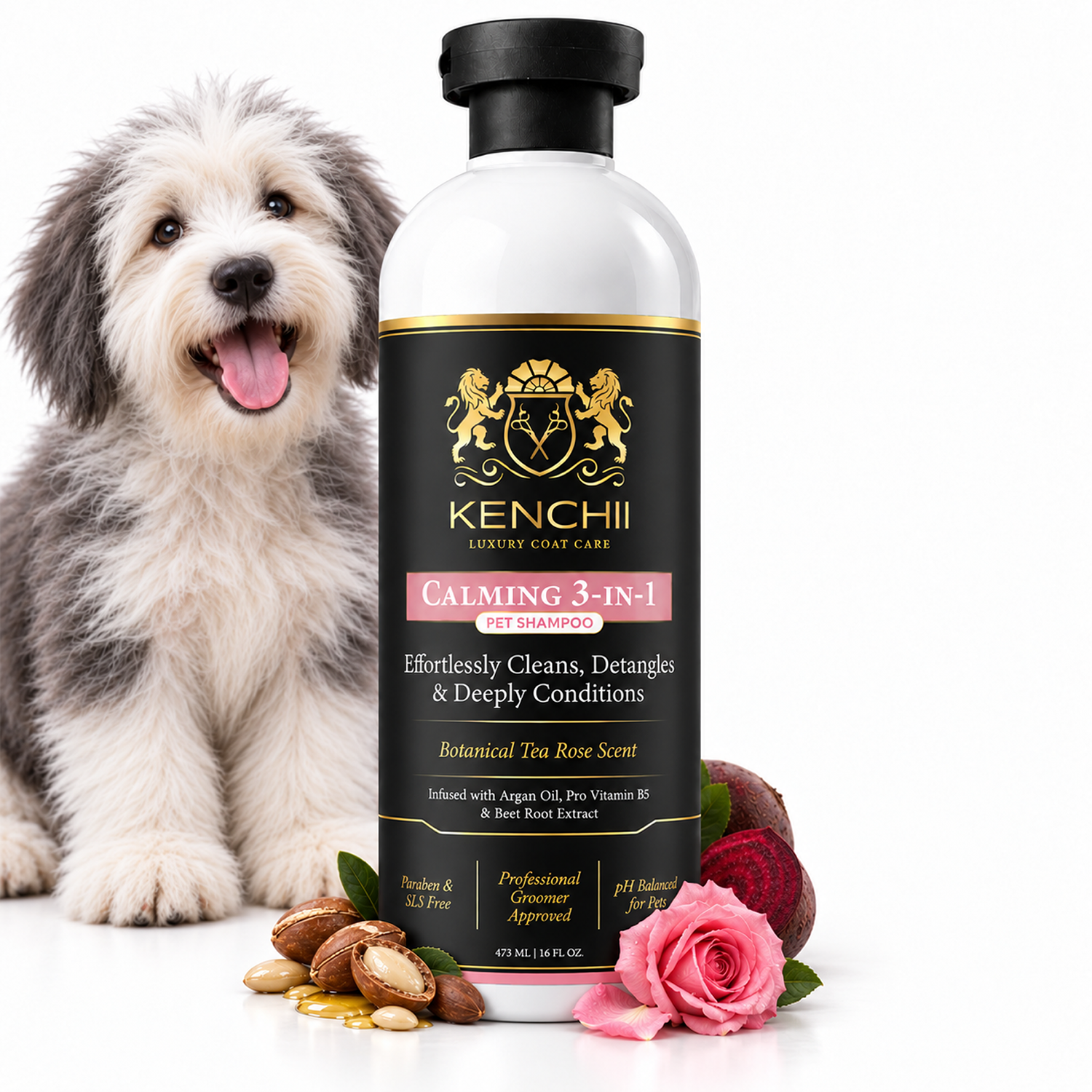 Sheepdog puppy beside the Kenchii Calming 3-in-1 Pet Shampoo bottle