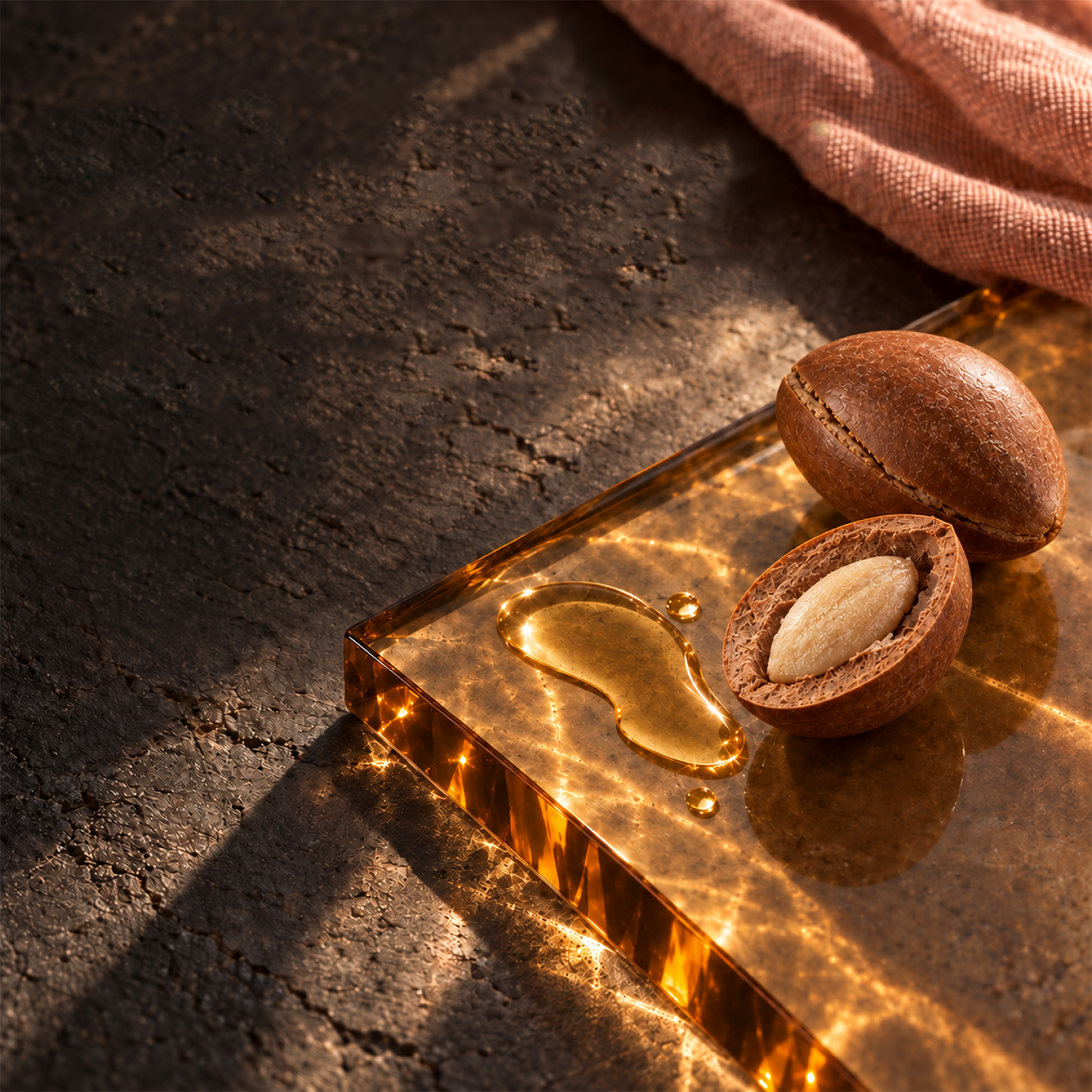Argan oil droplet beside cracked argan nuts