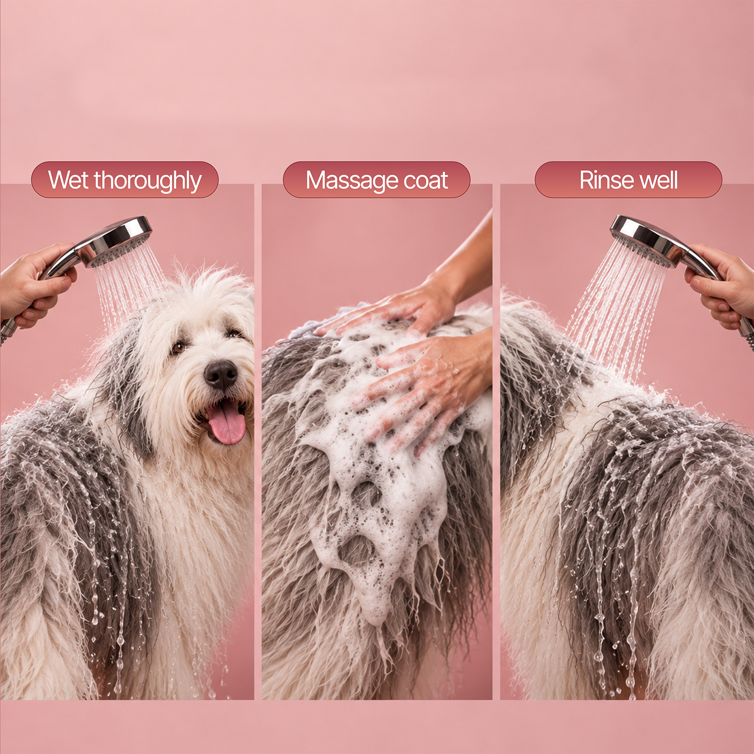 Wetting, massaging, and rinsing a dog's coat with the Kenchii shampoo