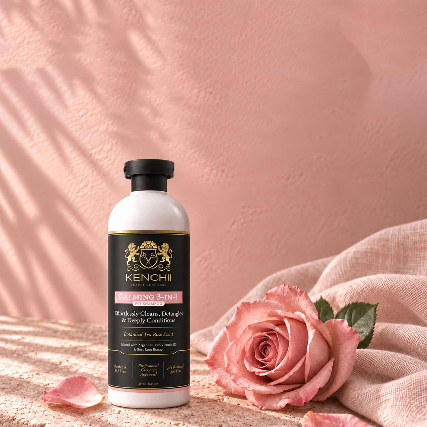 Kenchii bottle beside a fresh tea rose on linen
