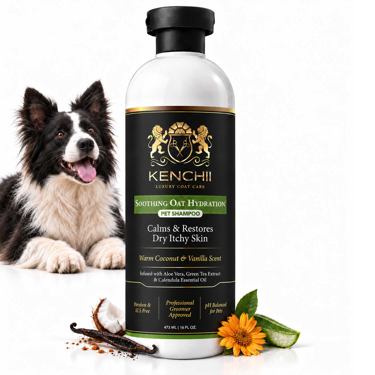 Border collie beside the Kenchii Soothing Oat Hydration Pet Shampoo bottle
