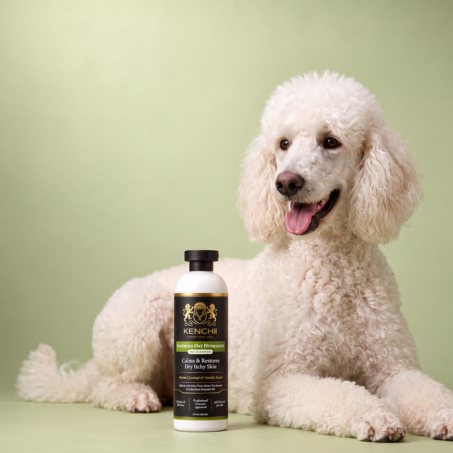 Poodle beside the Kenchii Soothing Oat Hydration bottle