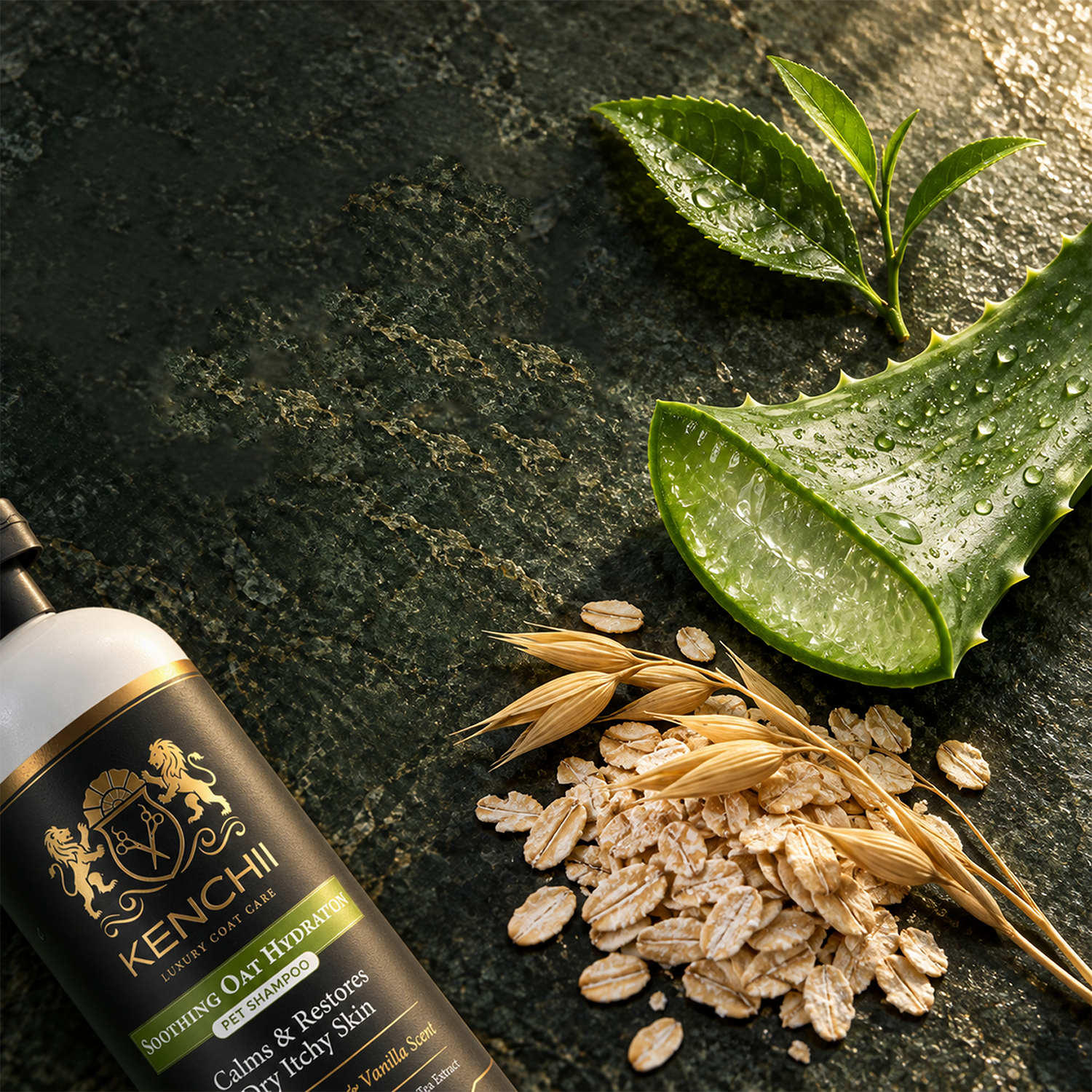 Colloidal oatmeal, aloe vera, and green tea leaves beside the Kenchii bottle