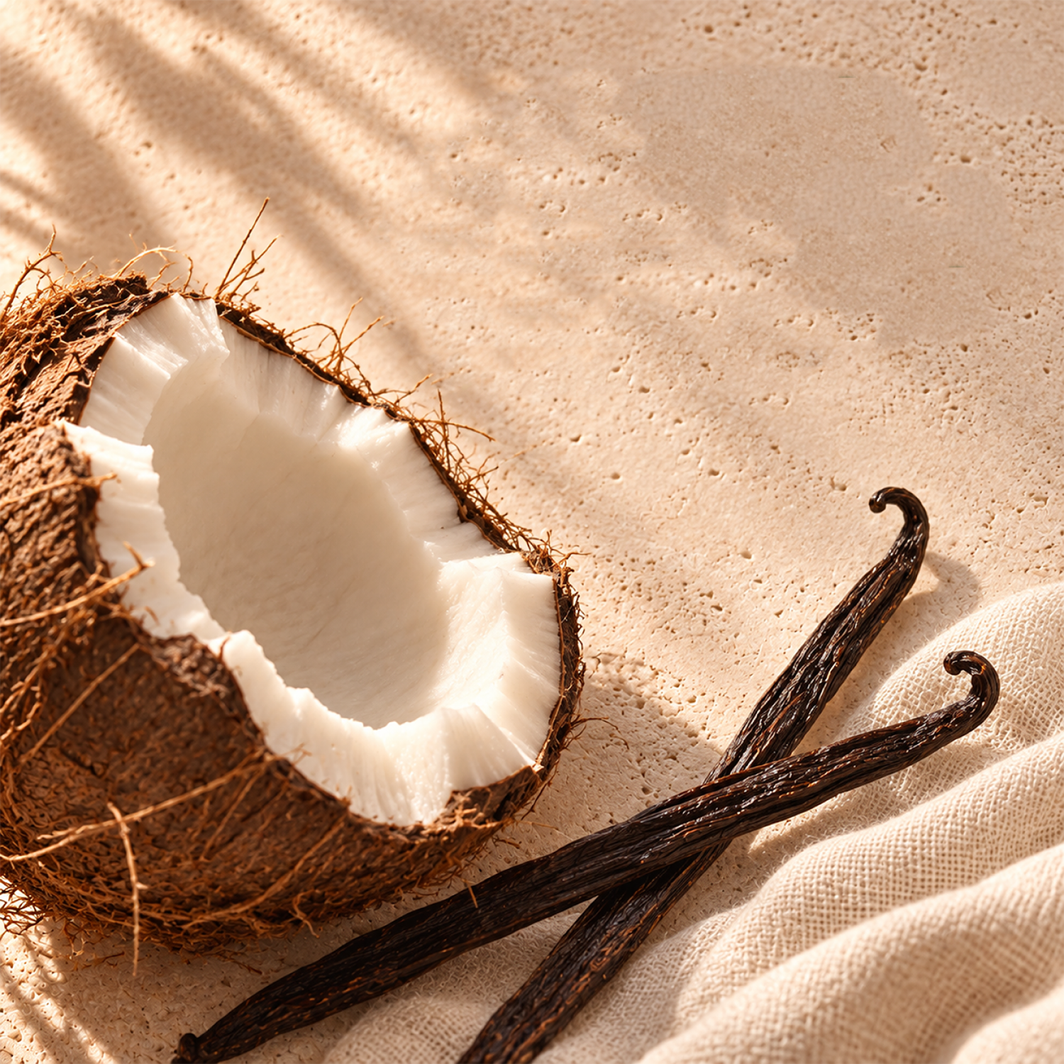 Coconut and vanilla beans beside the Kenchii bottle