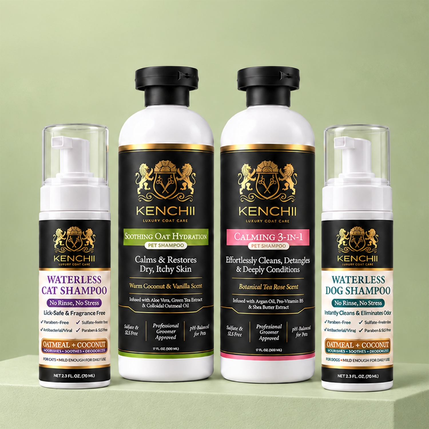 The Kenchii Luxury Coat Care shampoo lineup