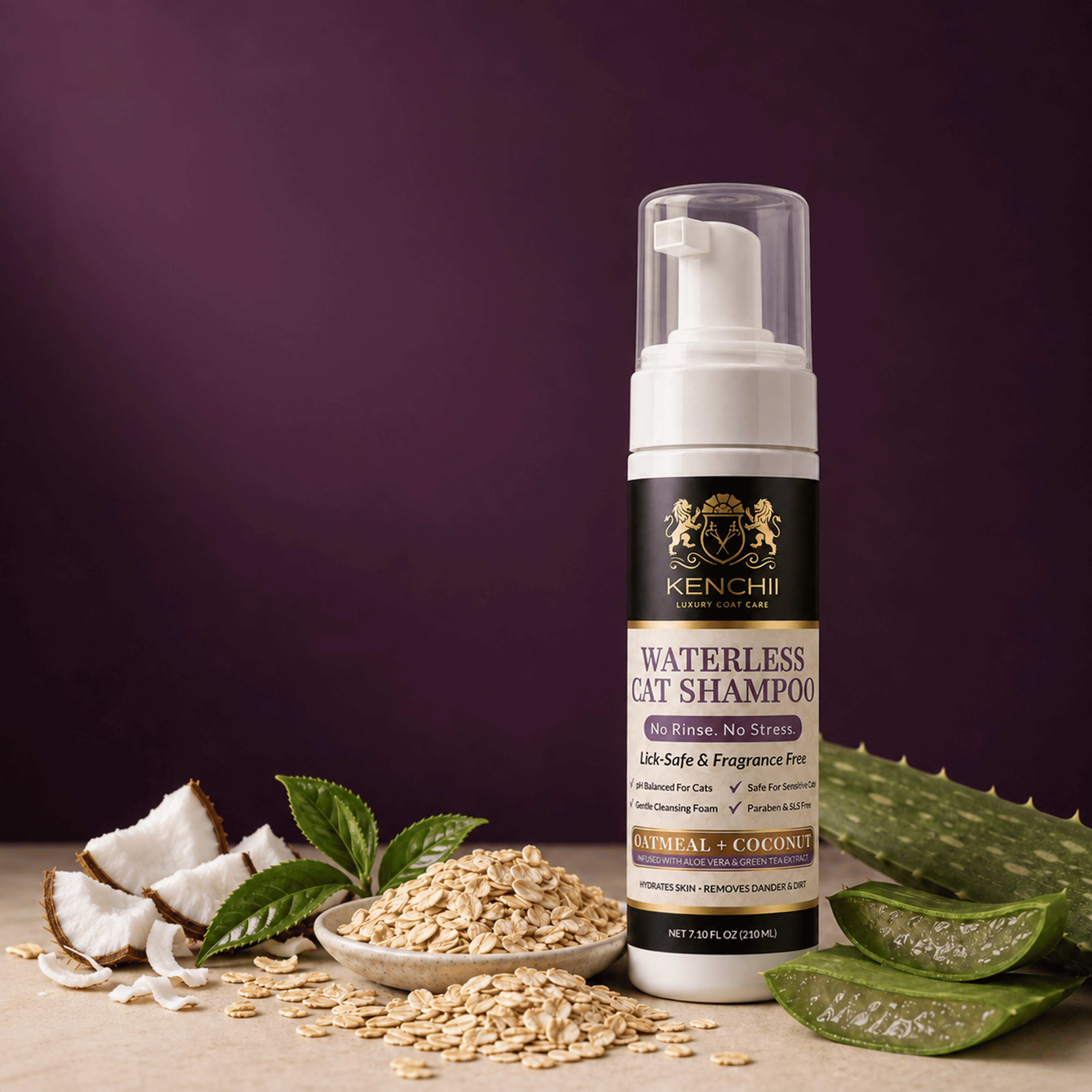 Kenchii Waterless Cat Shampoo with coconut, oats, green tea leaves and aloe vera
