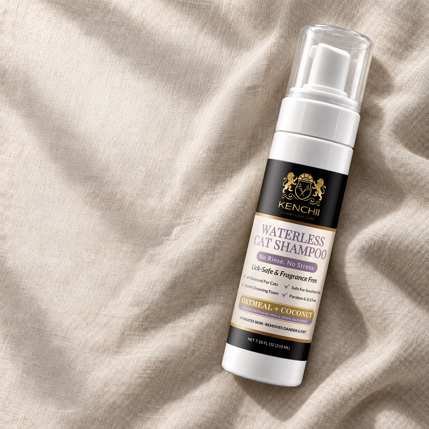 Kenchii Waterless Cat Shampoo lying on linen