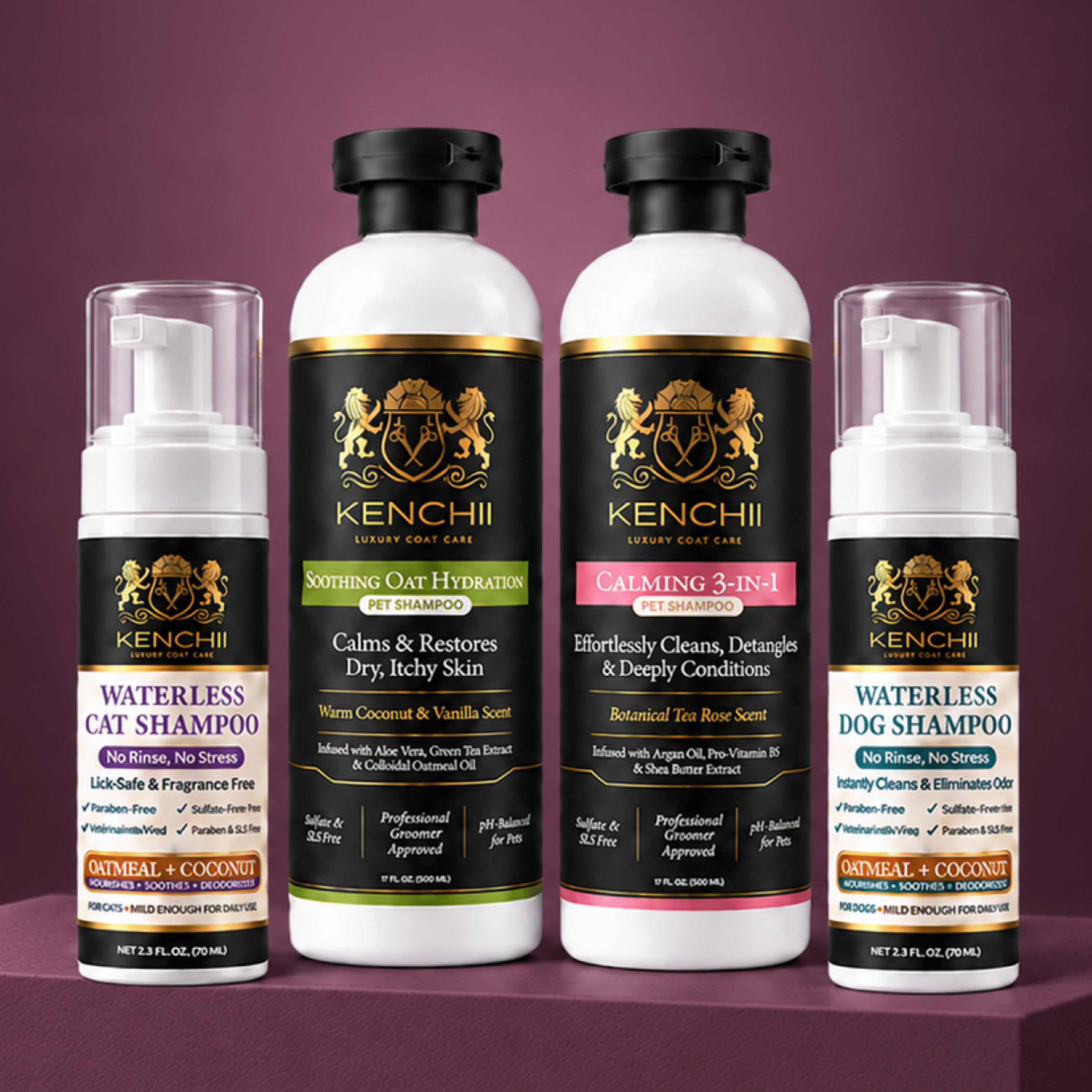 The Kenchii Luxury Coat Care lineup: waterless cat and dog shampoos, Soothing Oat Hydration and Calming 3-in-1