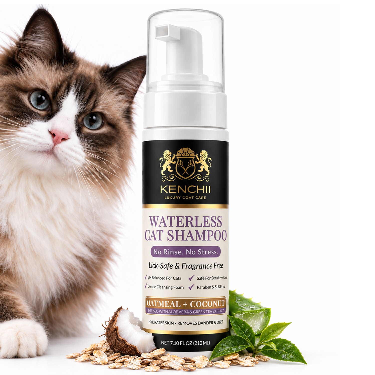 Ragdoll cat beside the Kenchii Waterless Cat Shampoo with coconut, oats, aloe and green tea