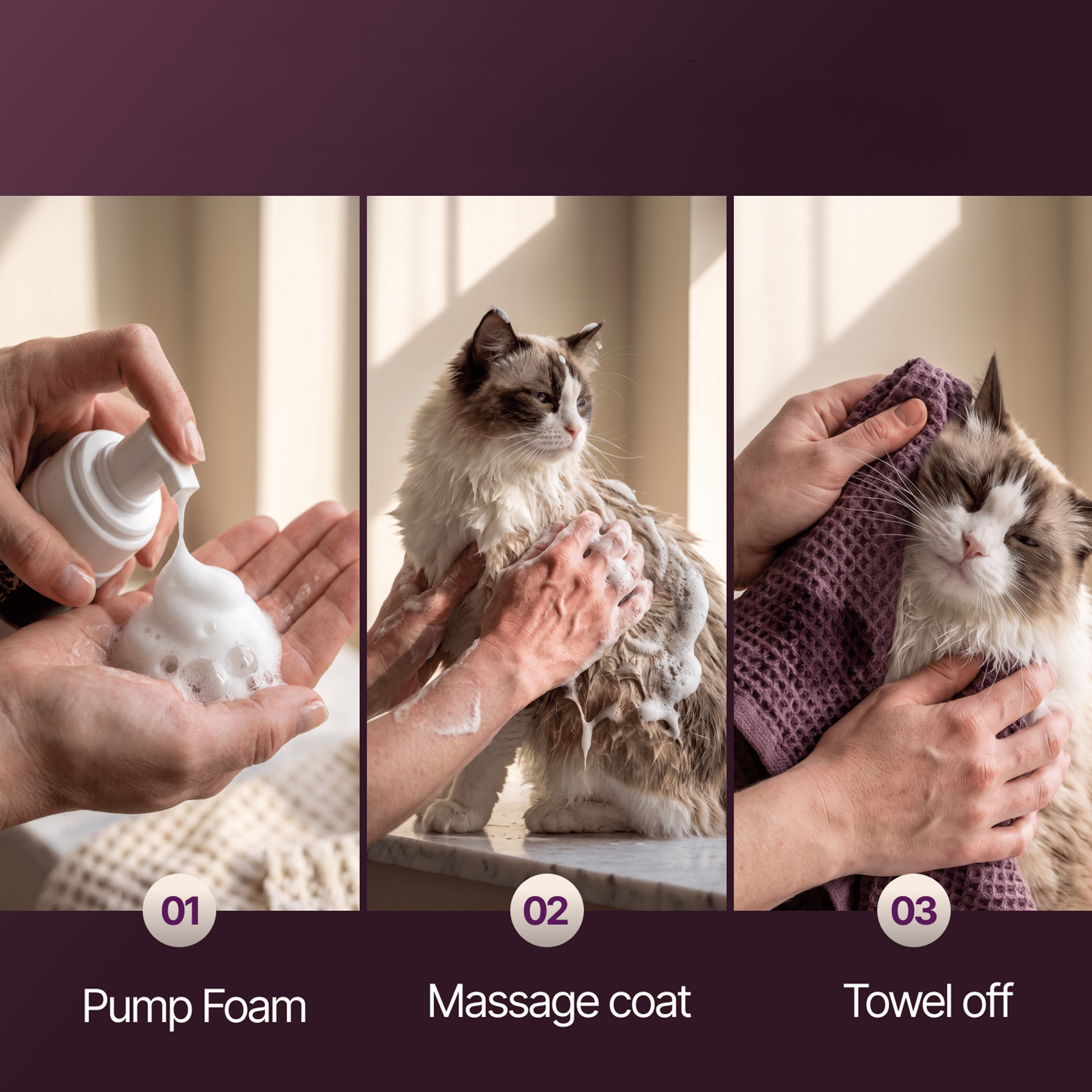 Pumping foam into a palm, massaging it into a ragdoll's coat, and towel drying