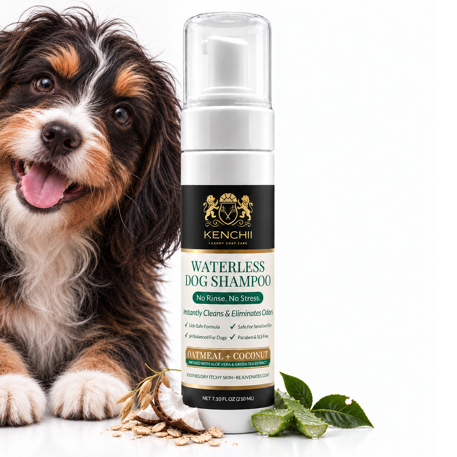 Tri-color dog lying beside the Kenchii Waterless Dog Shampoo with oats, coconut and aloe