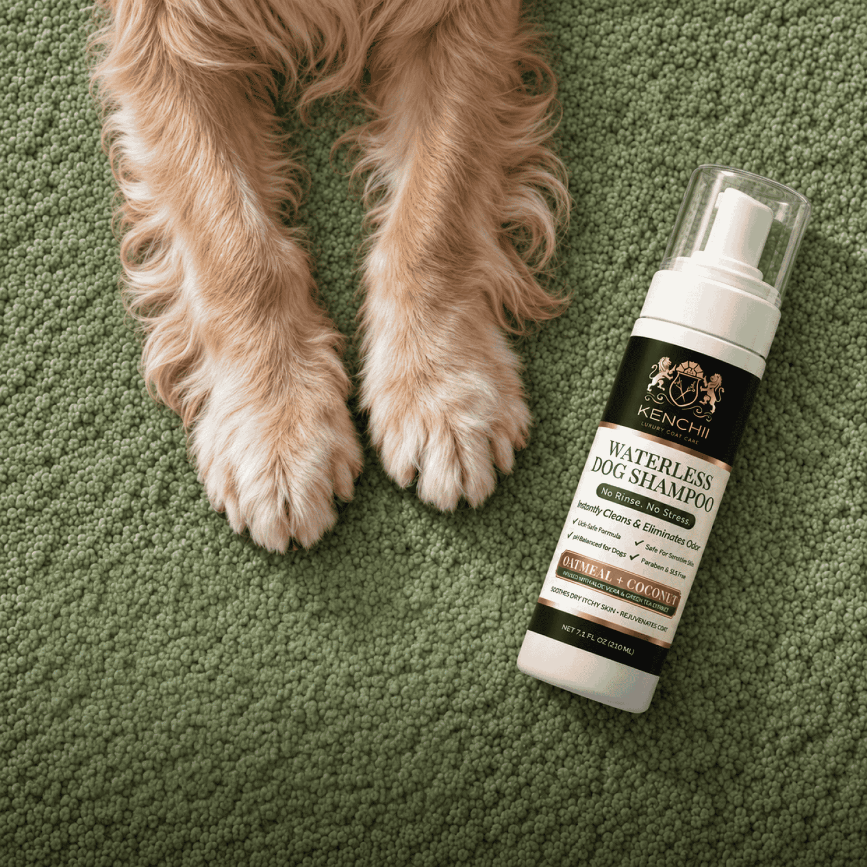 Dog paws on a green rug next to the Kenchii Waterless Dog Shampoo
