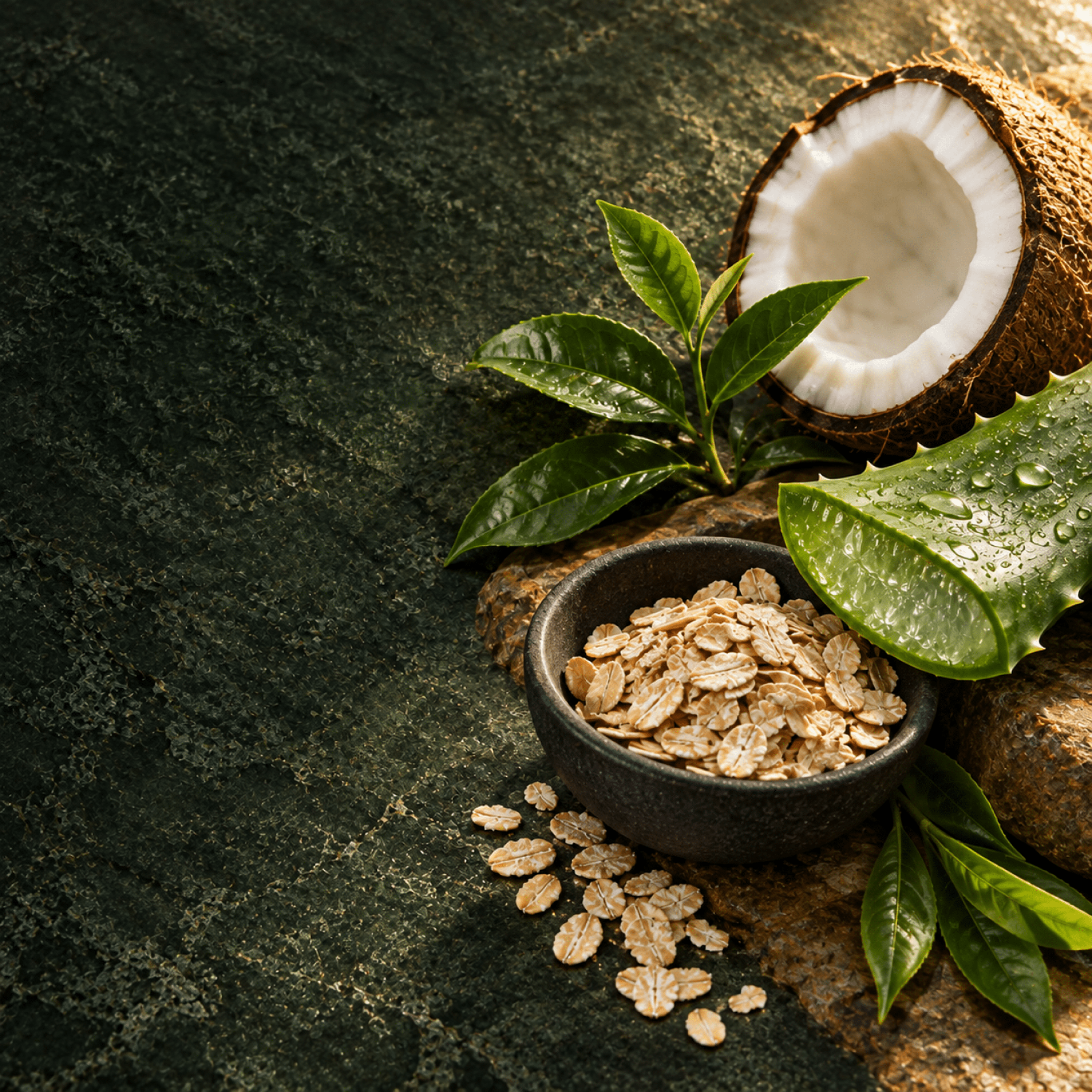 Oats, coconut, aloe vera and green tea leaves