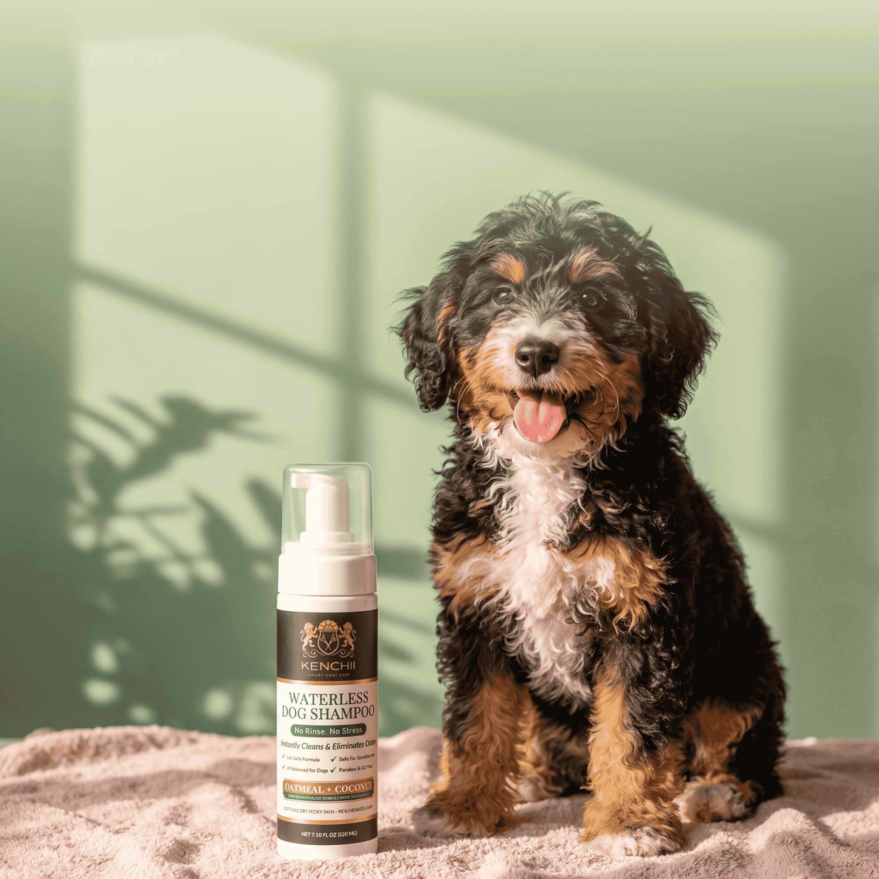 Kenchii Waterless Dog Shampoo with foam beside a happy spaniel