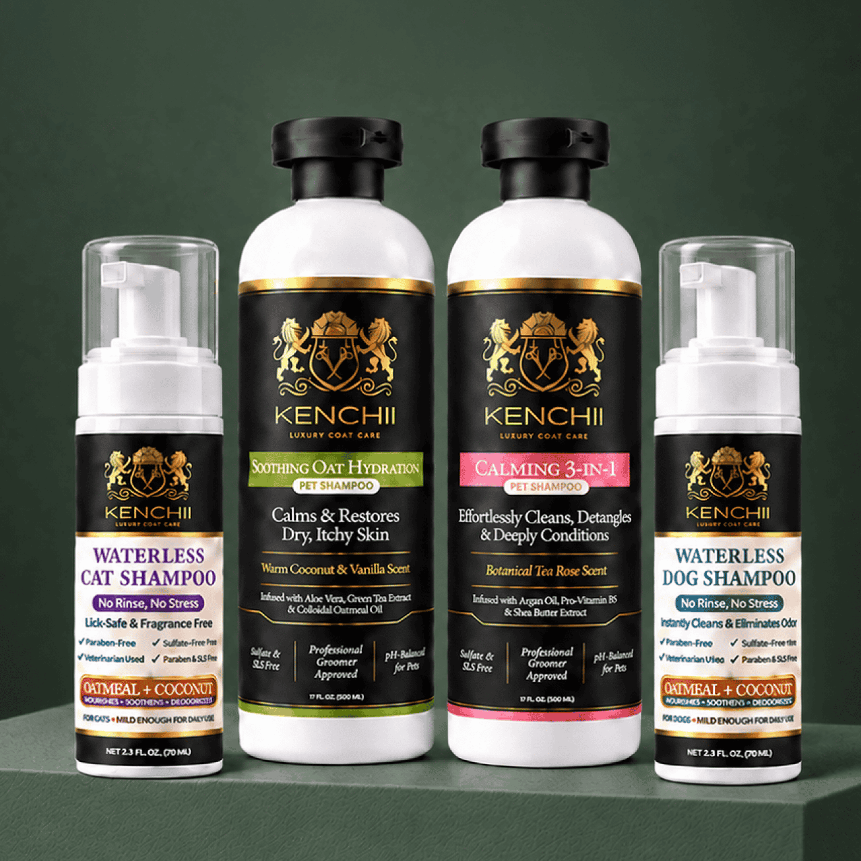 The Kenchii Luxury Coat Care lineup: waterless cat and dog shampoos, Soothing Oat Hydration and Calming 3-in-1